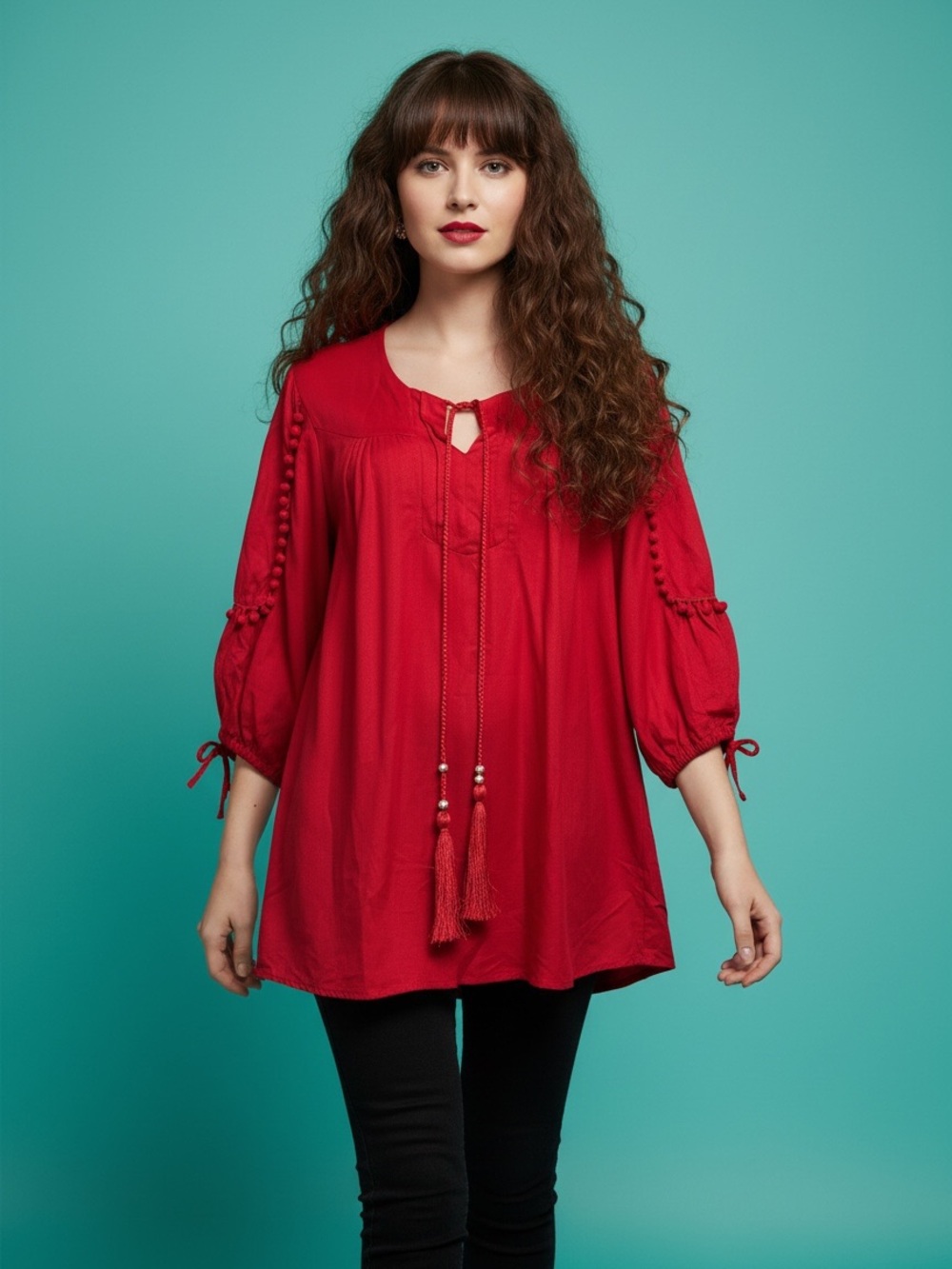 Kaktus Red Boho Peasant Tassel Detail Blouse Size XL